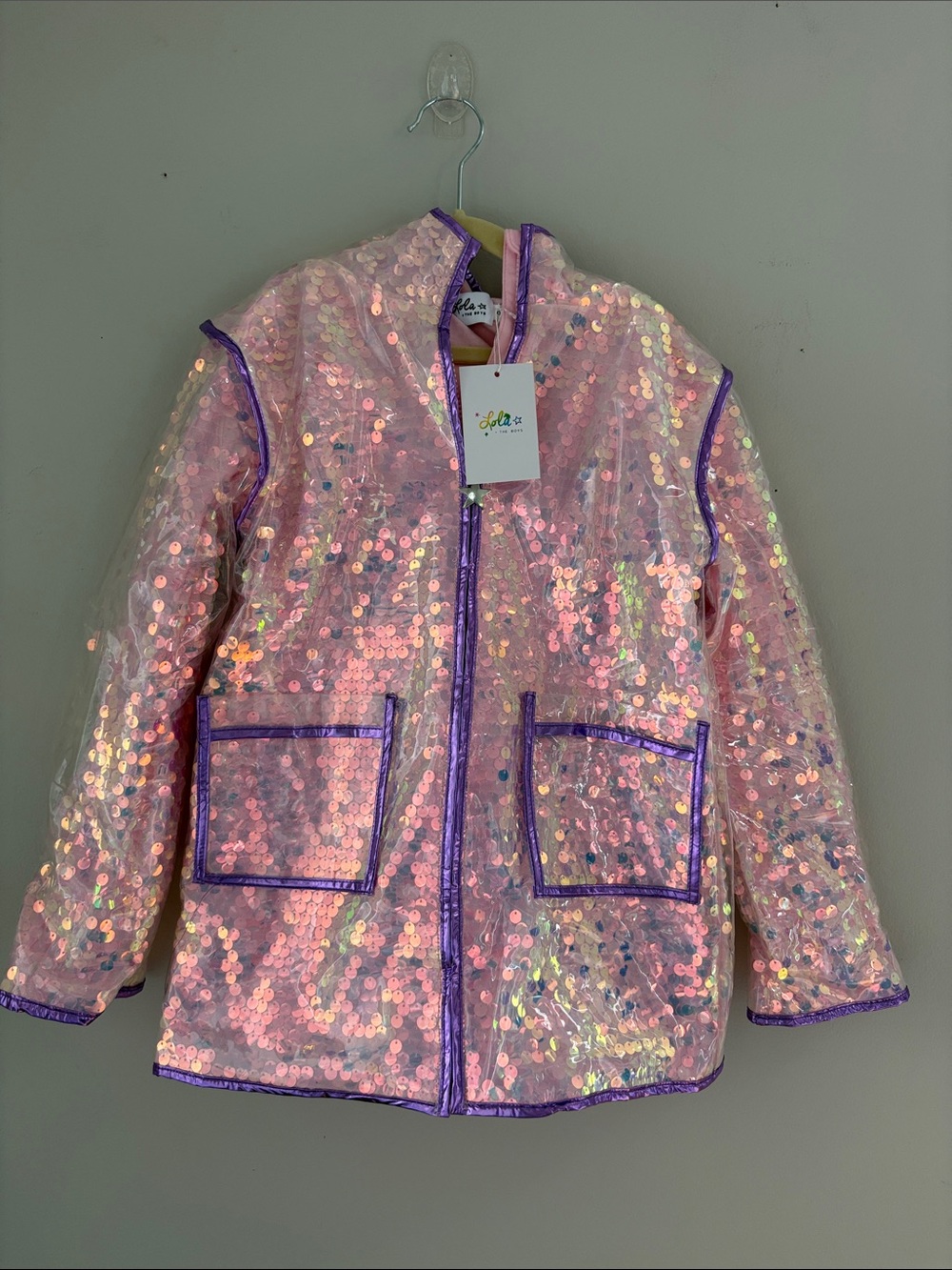 NWT Lola + The Boys Iridescent Pink Sequin Raincoat with Purple Trim